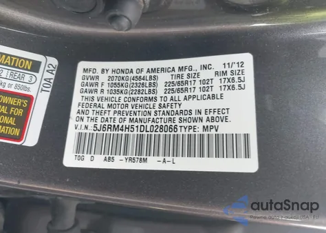 2013 Honda Cr-V Ex z USA, uszkodzony, nr VIN 5J6RM4H51DL028066